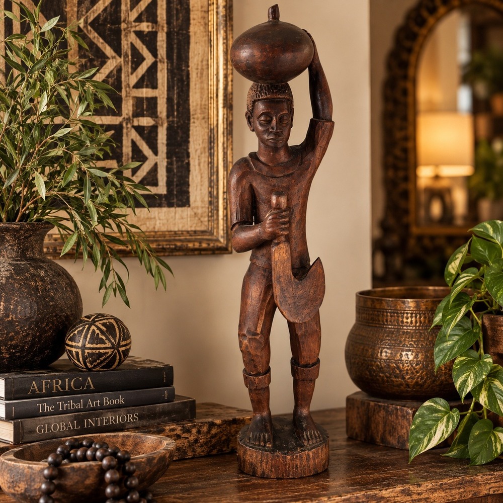 Large Vintage Makonde African Wood Carving Binadamu Figure Gourd Sickle Statue